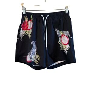 Mavrans Mens Black Cheetah Dragon Fruit Tropical Mesh Lined Swim Trunks Size S